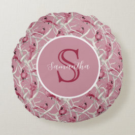 Cojín Redondo Pájaros Cardenales Rosa Gris Monograma Personaliza