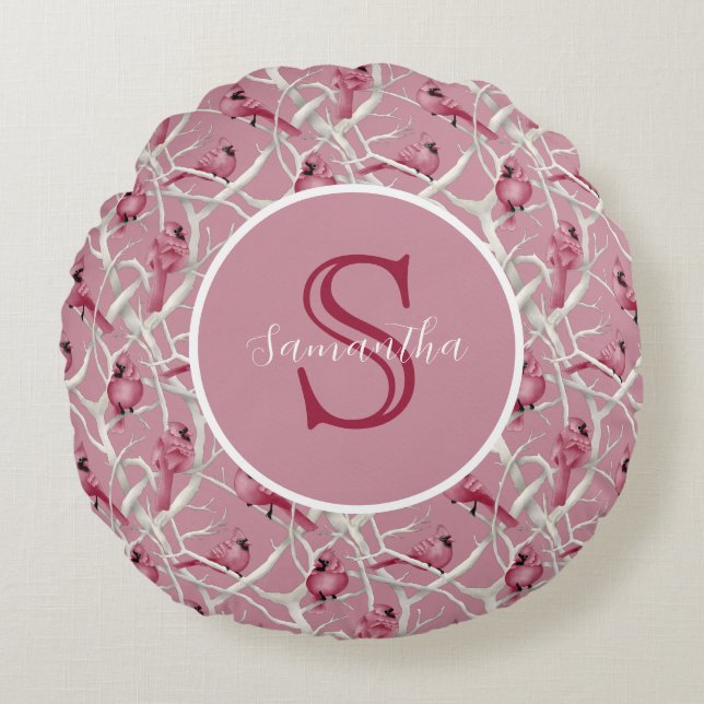 Cojín Redondo Pájaros Cardenales Rosa Gris Monograma Personaliza (Anverso)