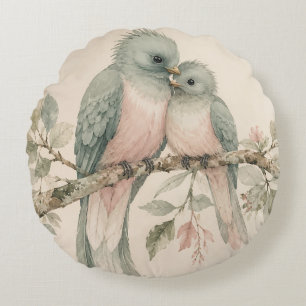 Cojín Redondo Pájaros de amor al estilo acuarela vintage