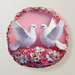 Cojín Redondo Pájaros de Amor de Boda Palomas Blancas Románticas