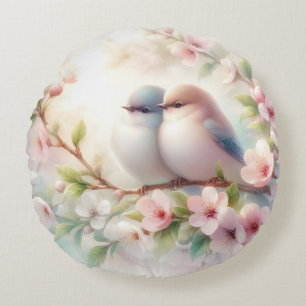 Cojín Redondo Pájaros de amor de primavera Flor de cerezo floral