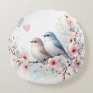 Cojín Redondo Pájaros de amor romántico rama de flor de cerezo