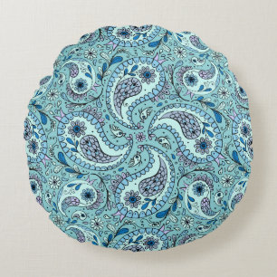 Cojín Redondo Pájaros de paisley en azul bebé