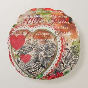 Cojín Redondo Pájaros del Corazón Arte Collage Rojo Amor