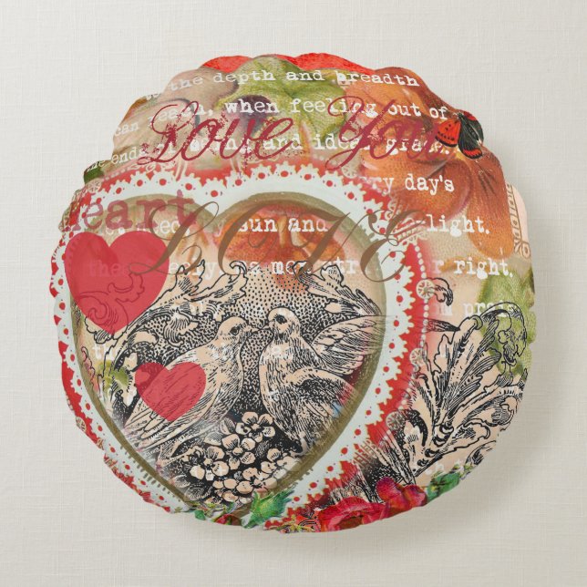 Cojín Redondo Pájaros del Corazón Arte Collage Rojo Amor (Anverso)