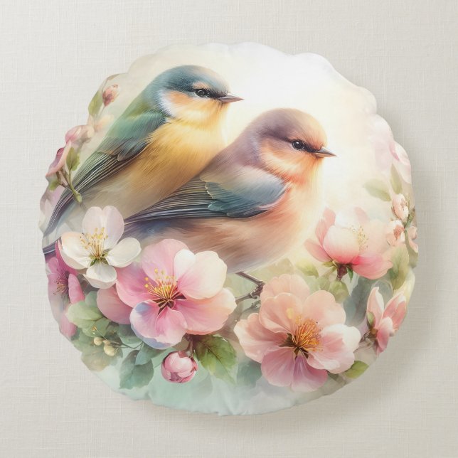 Cojín Redondo Pájaros Dulces Flores de Pascua de Primavera (Anverso)