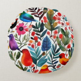 Cojín Redondo Pájaros florales coloridos