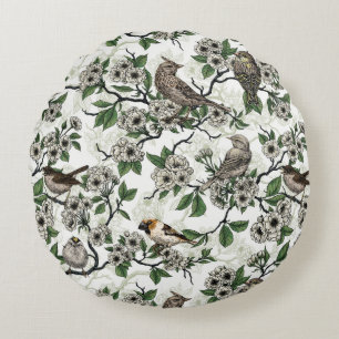 Cojín Redondo Pájaros y flor de cerezo sobre blanco