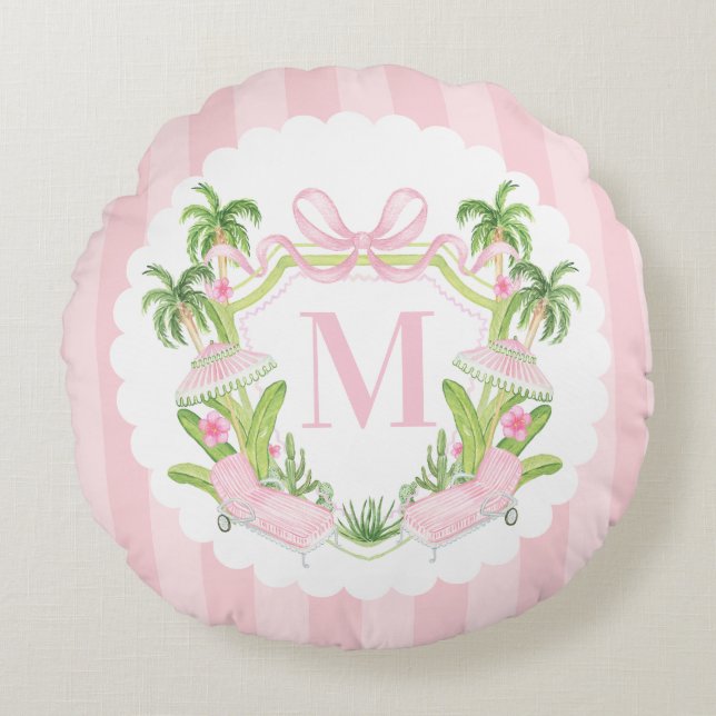 Cojín Redondo Palm Beach Pink Loungers Monogram Crest (Anverso)