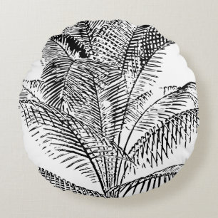 Cojín Redondo Palm Tree deja patrón abstracto negro y blanco