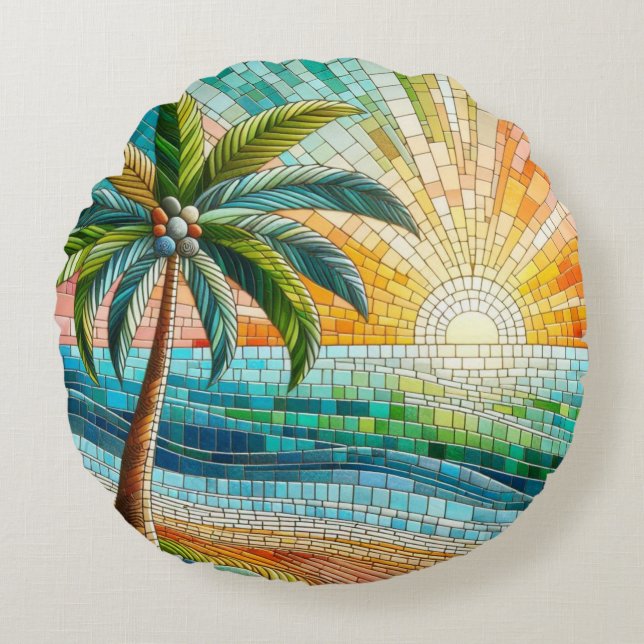 Cojín Redondo Palm Tree Mosaic Tropical Beach Sunset (Anverso)