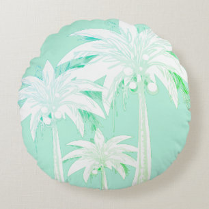 Cojín Redondo Palm Tree Seafoam Green White Tropical Beach House