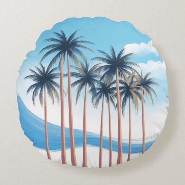 Cojín Redondo Palm Trees modernos Blue White Outdoor (Anverso)