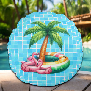 Cojín Redondo Palm Trees Pool Fiesta Flamingo