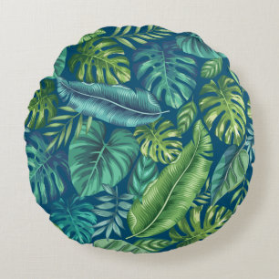 Cojín Redondo Palm tropical verde y Verde azulada Banana Monster