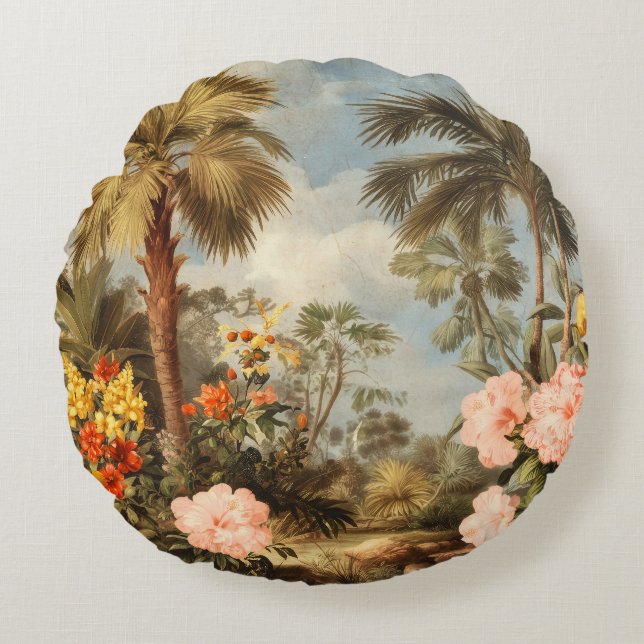 Cojín Redondo Palmas Tropicales Botánicas Vintage (Anverso)