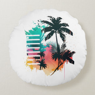 Cojín Redondo palmera multicolor en estilo retro dibujado a mano
