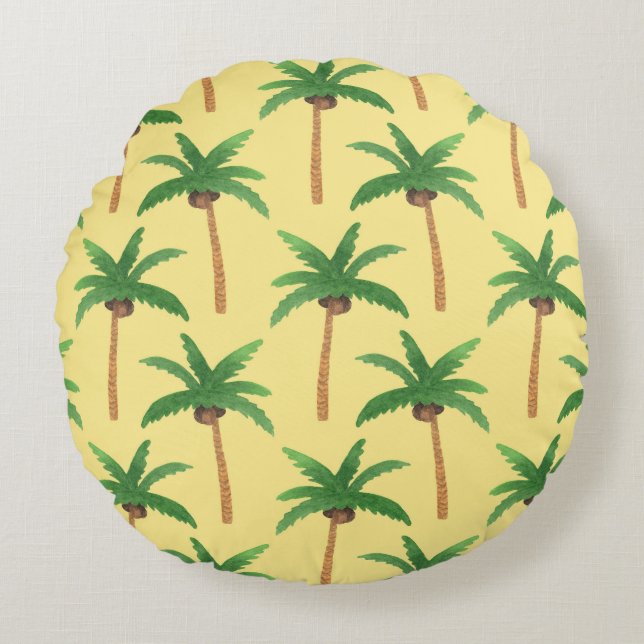 Cojín Redondo Palmeras acuáticas, fondo tropical. (Anverso)