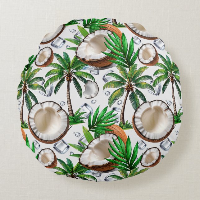 Cojín Redondo Palmeras de coco diseño tropical (Anverso)