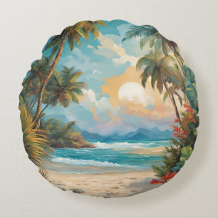 Cojín Redondo Palmeras de playa tropical Sun Flores Hawaii