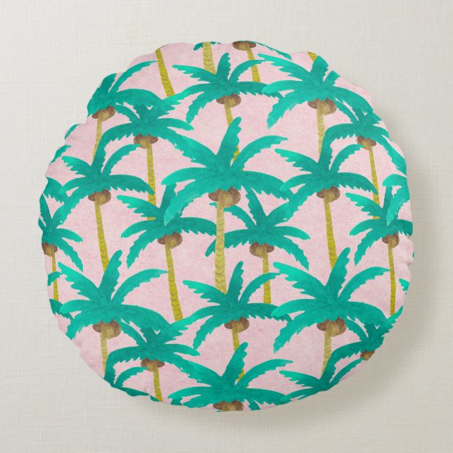 Cojín Redondo Palmeras Tropicales: Patrón de verano acuarela (Anverso)
