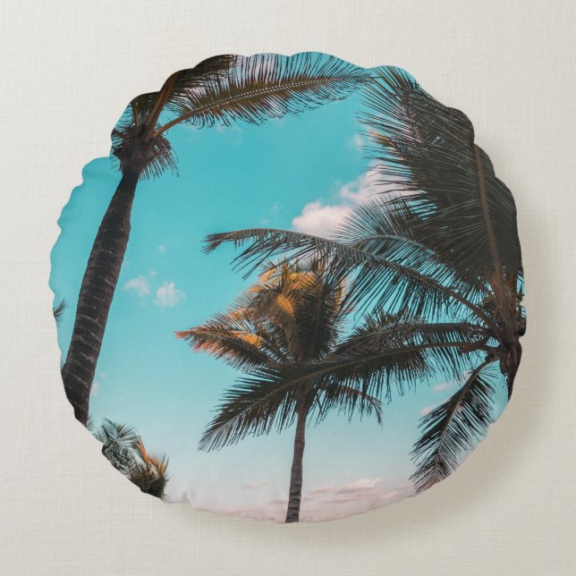 COJÍN REDONDO PALMERAS TROPICALES RETRO JUNTO A LA PLAYA (Anverso)