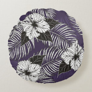 Cojín Redondo Palmita de Areca y dibujo de Hibiscus a mano. Pl