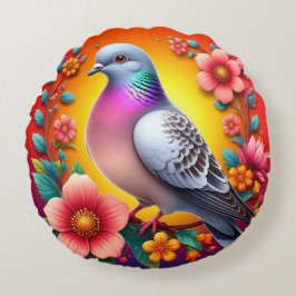 Cojín Redondo Paloma colorida rodeada de flores vibrantes