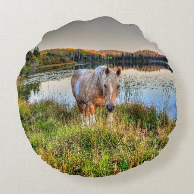 Cojín Redondo Palomino Pinto Paint Stallion a orillas de un lago (Reverso)