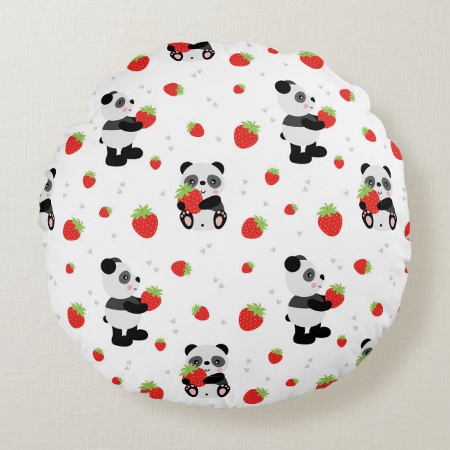 Cojín Redondo Panda fofo com morango (Anverso)