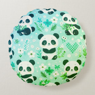 Cojín Redondo Panda Patrón de oso Impresión verde