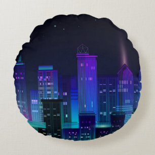 Cojín Redondo Panorama de la ciudad nocturna con neón resplandec