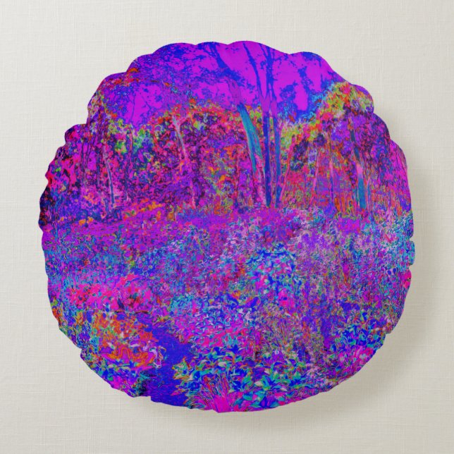 Cojín Redondo Panorama Psicodélico Impresionista Púrpura (Anverso)
