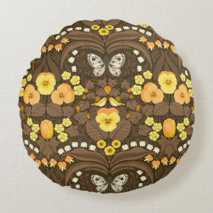 Cojín Redondo Pansias amarillas, pájaros y mariposas