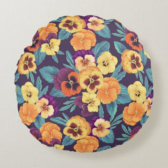 Cojín Redondo Pansies en violeta de ciruela (Anverso)