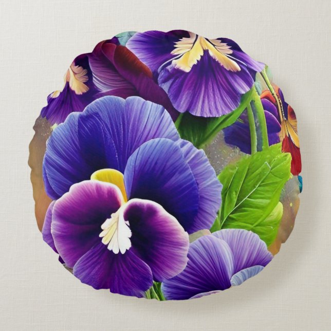 Cojín Redondo Pansies púrpura -IA ART (Anverso)