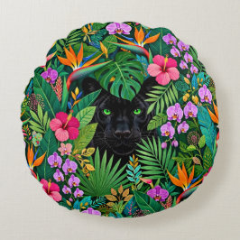 Cojín Redondo Pantera Negra Flores de la Jungla y Follaje Tropic