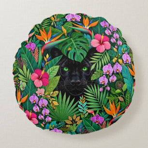 Cojín Redondo Pantera Negra Flores de la Jungla y Follaje Tropic