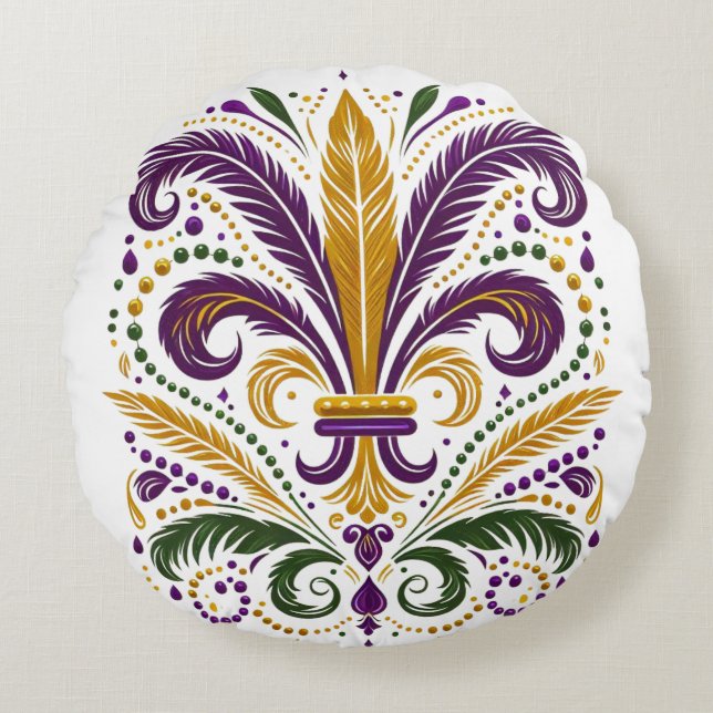 Cojín Redondo Pañuelos de lis amarillo, violeta verde (Anverso)