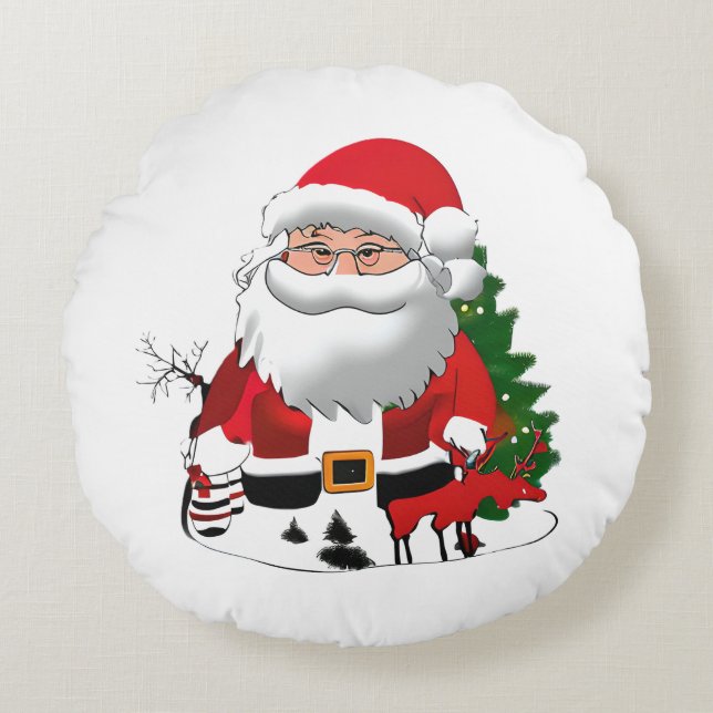 Cojín Redondo Papá Claus con un reno (Anverso)
