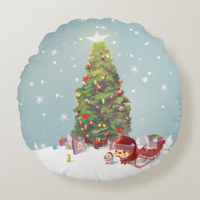 Cojín Redondo Papá Noel con el árbol de Navidad (Anverso)