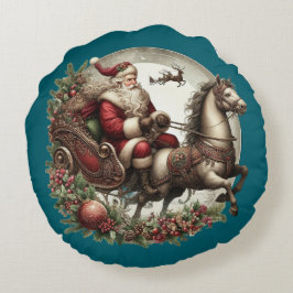 Cojín Redondo Papá Noel en un trineo y un caballo