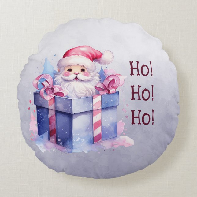 Cojín Redondo Papá Noel En Una Caja De Regalos. ¡Ho! ¡Ho! (Anverso)
