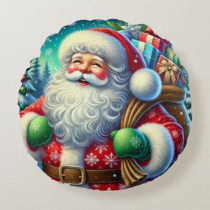 Cojín Redondo Papá Noel festivo sosteniendo una bolsa de regalos