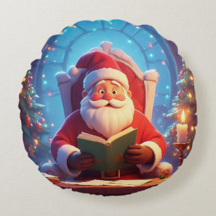 Cojín Redondo Papá Noel leyendo un libro a la luz de las velas
