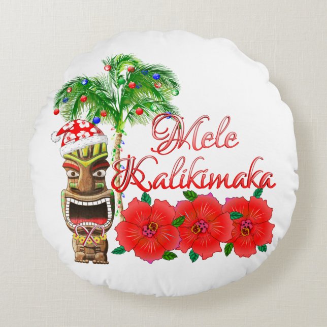 Cojín Redondo Papá Noel Tiki Mele Kalikimaka (Anverso)