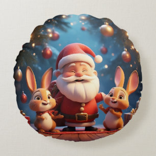 Cojín Redondo Papá Noel y dos conejos alegres