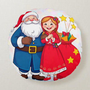Cojín Redondo Papá Noel y niña con una bolsa de regalos