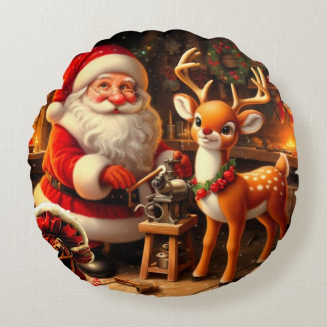 Cojín Redondo Papá Noel y renos adorables  (Anverso)