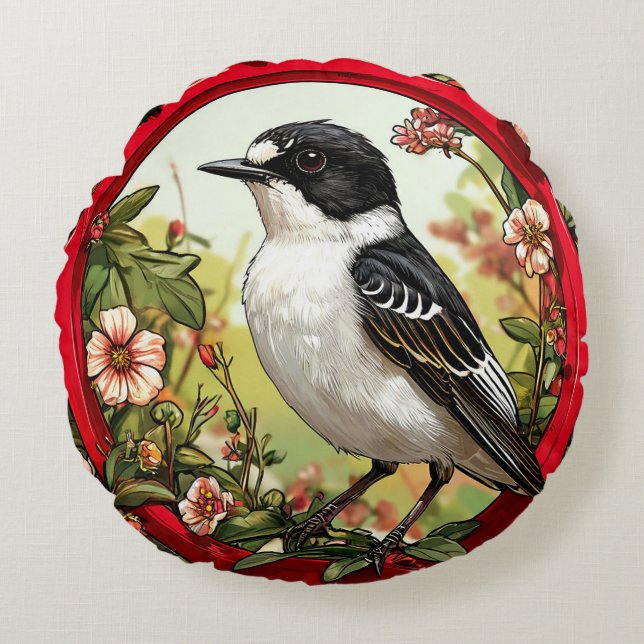 Cojín Redondo Papamoscas pío colorido (Anverso)